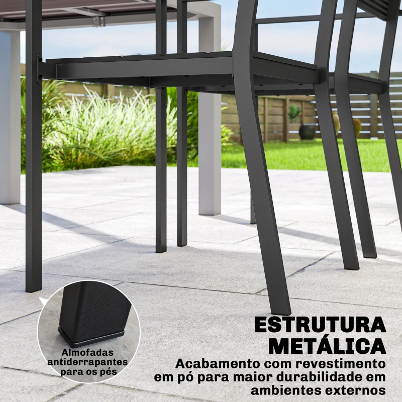 Outsunny Conjunto de 4 Cadeiras de Jardim Empilháveis para Exterior com Apoios de Braços Encosto e Assento Estrutura Metálica, 52x51x90 cm Preto