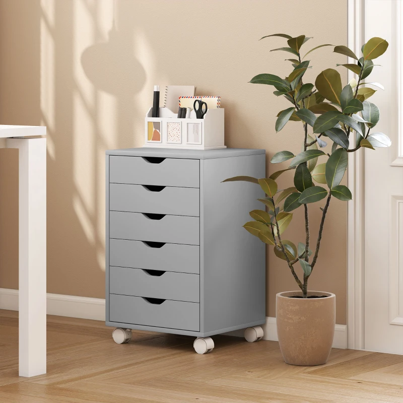 HOMCOM Bloco de Gavetas Móvel Arquivador com 6 Gavetas Suporte para Impressora com Rodas 40x35x63 cm Cinzento