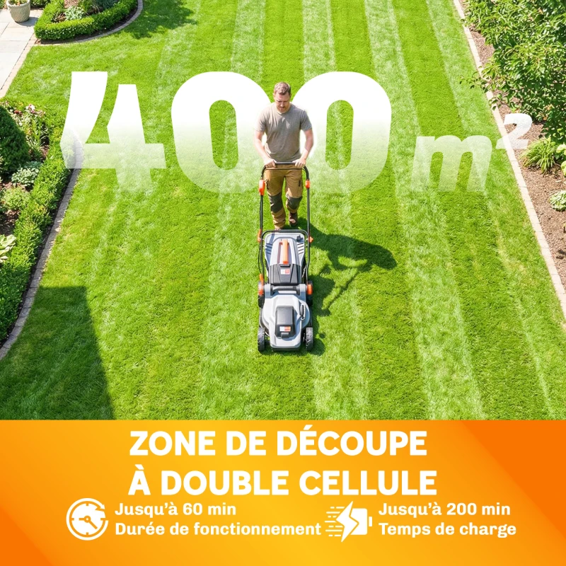Outsunny Tondeuse à Gazon sans Fil 18V x2 Moteur Brushless 700W 2x4.0Ah Batteries pour 400m² Largeur 34cm Silencieux Gris Clair