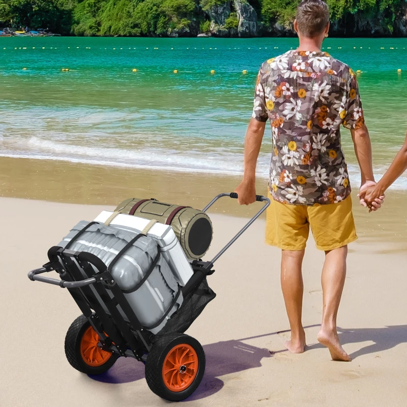 SPORTNOW Carrinho de Praia Dobrável Carrinho de Transporte com Grandes Rodas de 30 cm Todo-o-Terreno com Bolso e Punho Telescópico