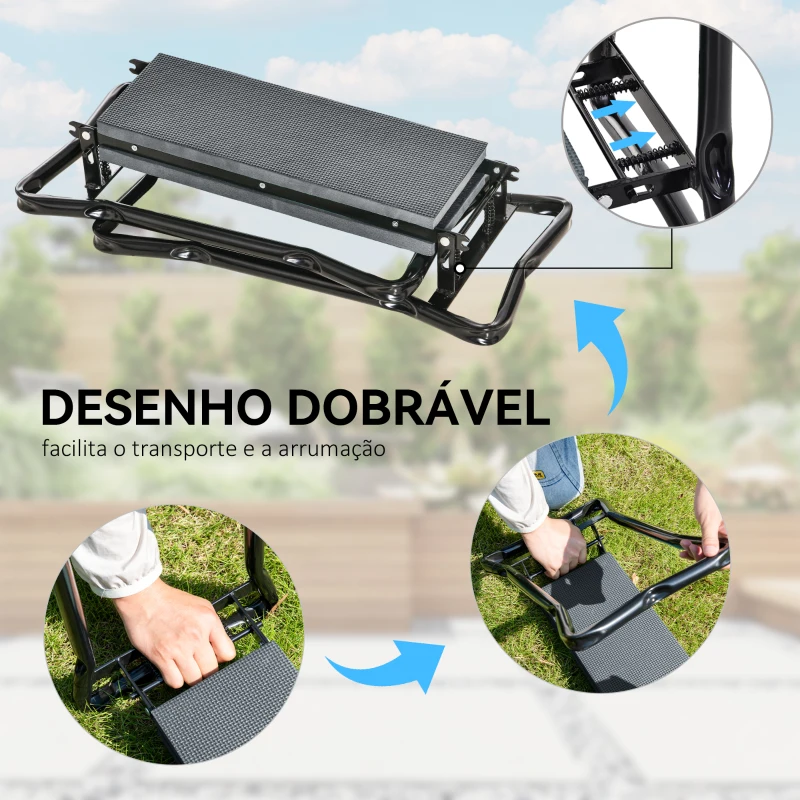 Outsunny Banco de Jardim Dobrável com Almofada de Espuma EVA Saco para Ferramentas 58x28x49 cm Cinzento