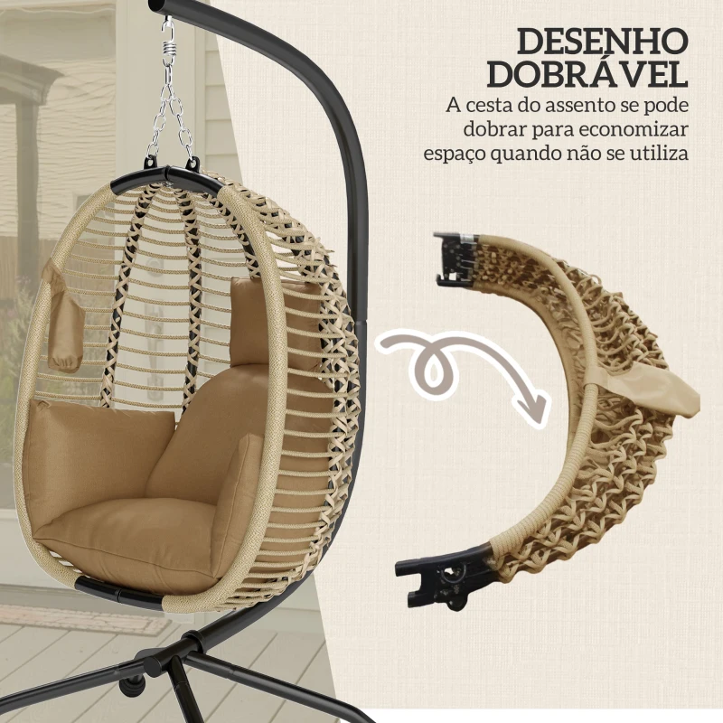 Outsunny Cadeira Suspensa com Suporte Cesto Dobrável Almofada e Apoio de Cabeça para Interior e Exterior Capacidade 120 kg Bege