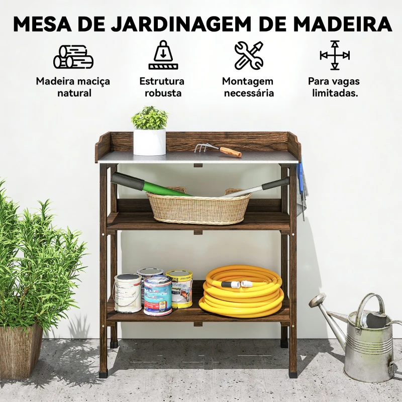 Outsunny Mesa de Jardinagem de Madeira com Superfície Metálica Prateleiras e Ganchos para Jardim e Terraço 76x37x89 cm Carbonizado