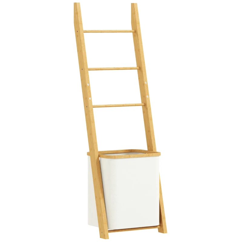 HOMCOM Estante para Casa de Banho de Bambu com 3 Barras e Cesto para Roupa Suja Removível de 48 L 43x35x133 cm Creme e Madeira