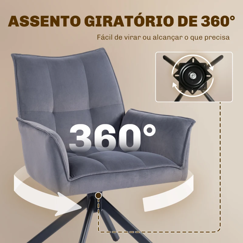 HOMCOM Conjunto de 2 Cadeiras de Refeição Giratórias 360° Estofado Estofamento em Veludo Pés em Aço 63x64x85 cm Cinza