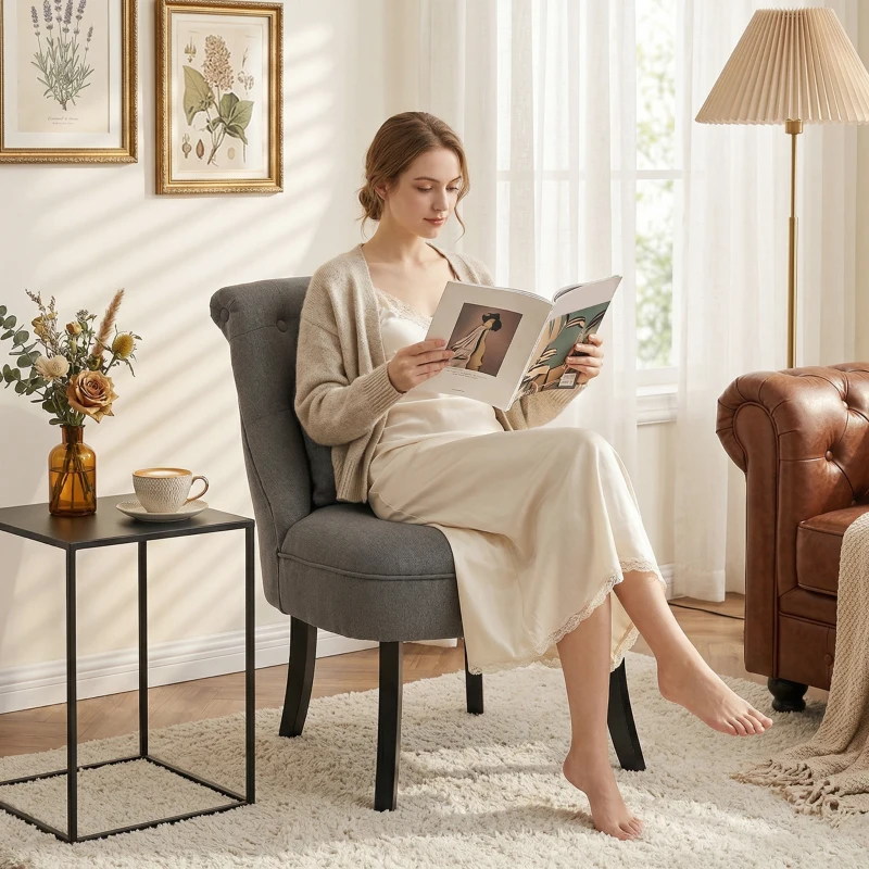 HOMCOM Fabric Single Sofa Dining Chair Tub Chair Upholstered W/ Pillow Solid Wood Leg Home Living Room Furniture Charcoal Grey