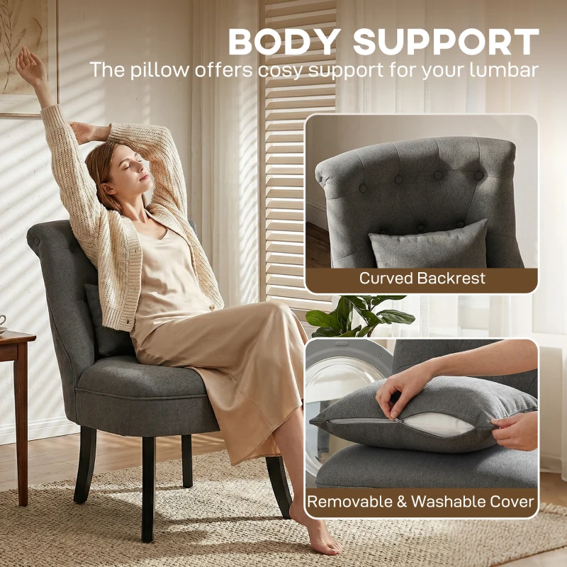 HOMCOM Fabric Single Sofa Dining Chair Tub Chair Upholstered W/ Pillow Solid Wood Leg Home Living Room Furniture Charcoal Grey