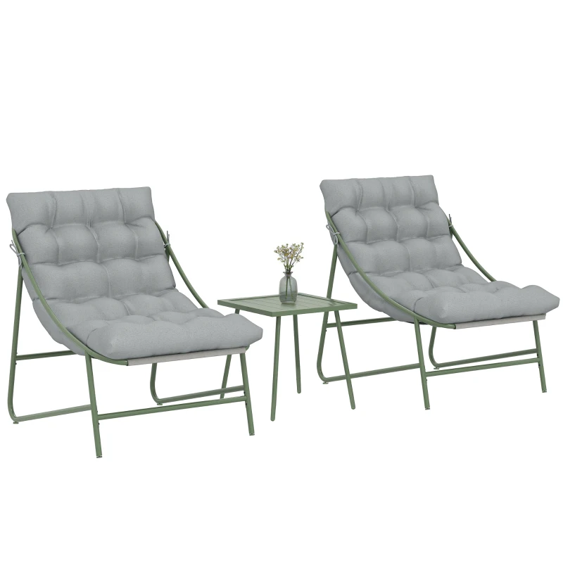 Outsunny Conjunto de Jardim de 3 Peças com 2 Cadeiras Lounge Mesa de Apoio e Almofadas para Exterior Pátio Varanda Cinza Claro