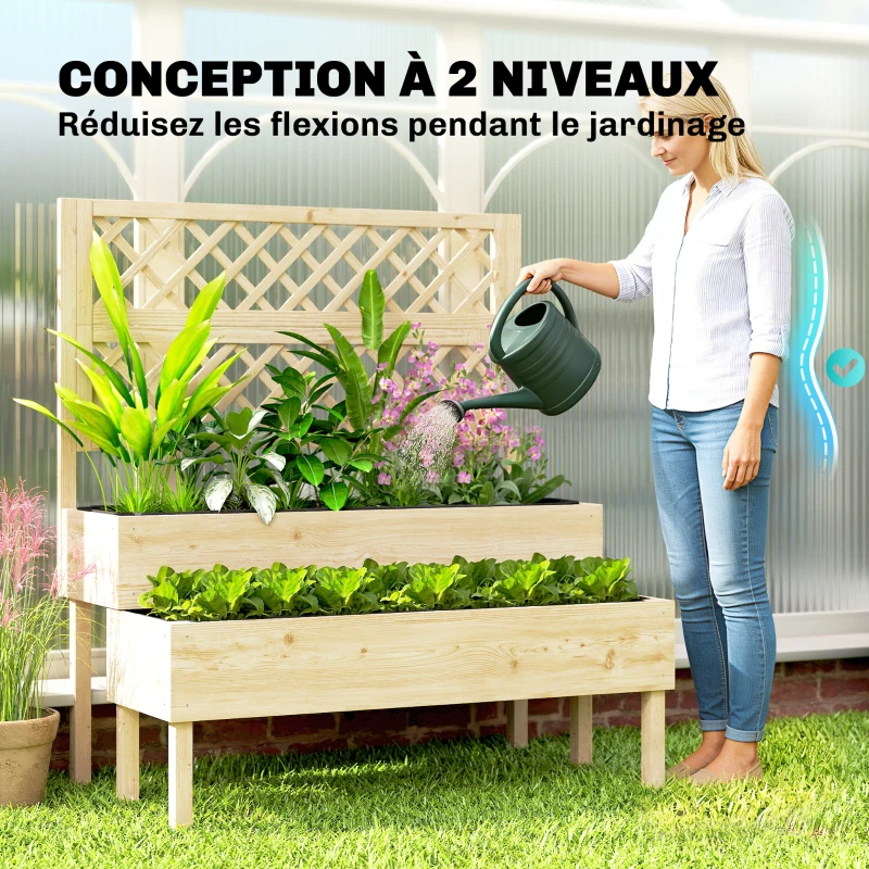 Outsunny Jardinière à 2 Niveaux avec Treillis, bac à fleurs, avec tissu non tissé, 108 x 62 x 120 cm, effet bois naturelle