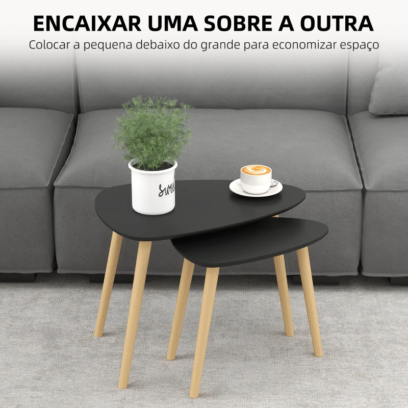 HOMCOM Conjunto de 2 Mesas Auxiliares com Pés de Madeira Mesas de Café 59,5x39,5x45 cm e 44,5x28,5x40 cm  Preto