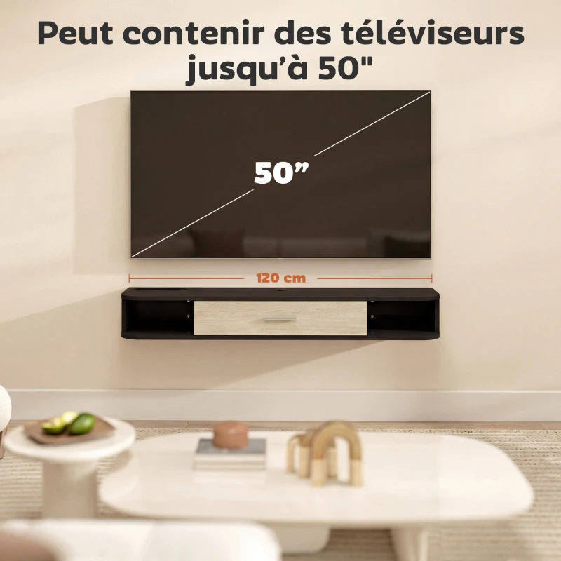 HOMCOM Meuble TV Suspendu 120 cm, Meuble télé jusqu'à 50 Pouces, Porte Rabattable, 2 Étagères Ouvertes et Passe-câbles, Noir