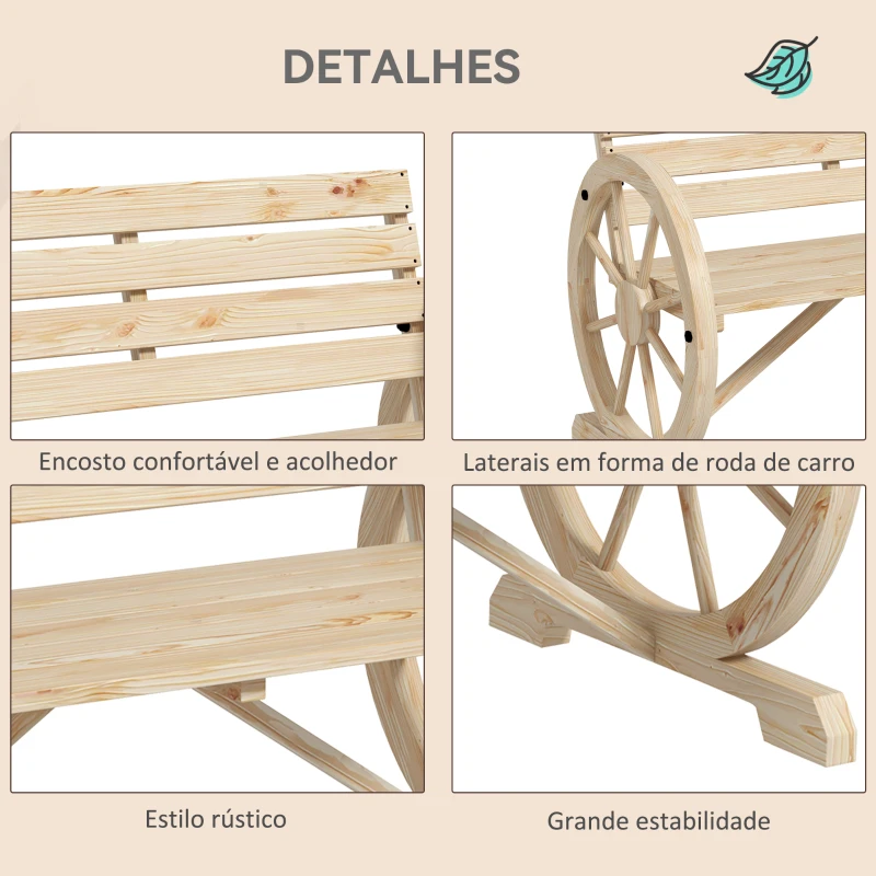 Outsunny Banco de Jardim de Madeira com Apoios em Forma de Roda para 2 Pessoas 105,5x56x79 cm Madeira