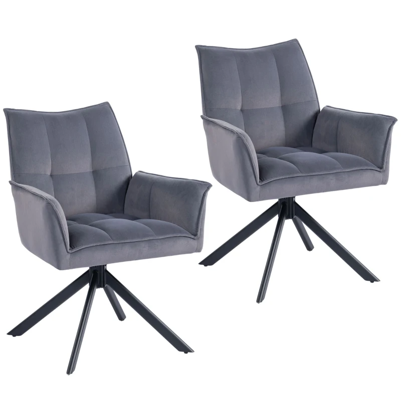 HOMCOM Conjunto de 2 Cadeiras de Refeição Giratórias 360° Estofado Estofamento em Veludo Pés em Aço 63x64x85 cm Cinza