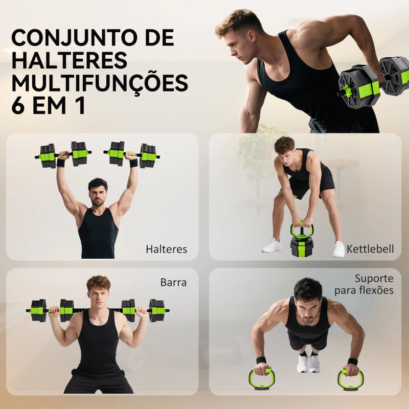 SPORTNOW Conjunto de Halteres Ajustáveis 4 em 1 20 kg Conjunto de Pesos Utilizado como Kettlebell Barra Halteres ou Suporte para Flexões Verde