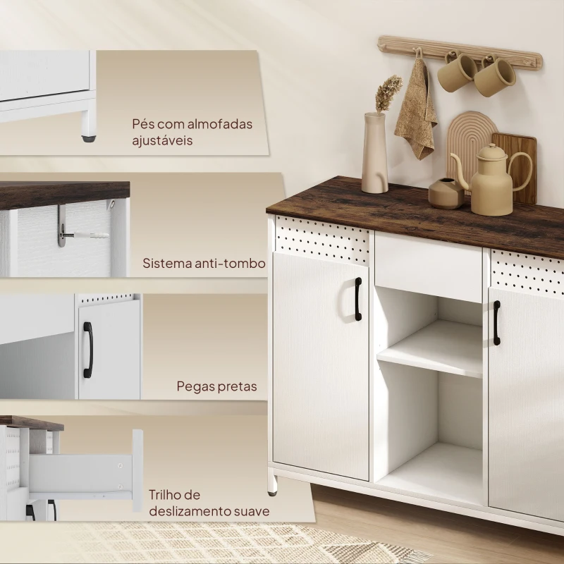 HOMCOM Aparador de 2 Portas com Orifícios 2 Compartimentos e Gaveta Prateleiras Ajustáveis 100x40x80 cm Branco e Castanho Rústico