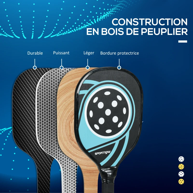 SPORTNOW Lot de 4 raquettes de pickleball ensemble de raquette de pickleball en bois de peuplier 4 balles et un sac bleu et noir