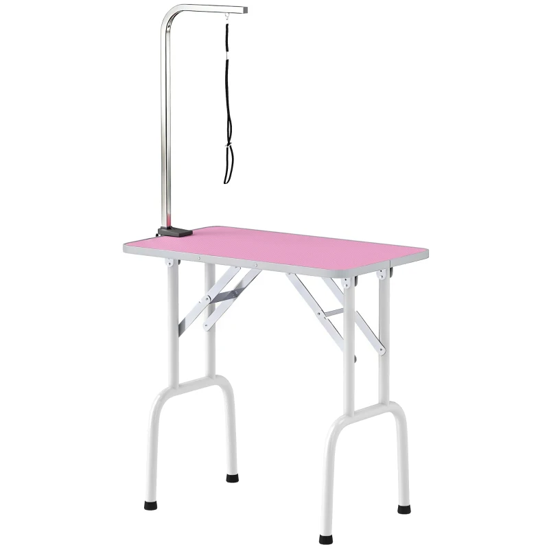 PawHut 32" Foldable Dog Grooming Table Pet Drying Beauty Table Adjustable Fixed Arm Rubber Top, Pink