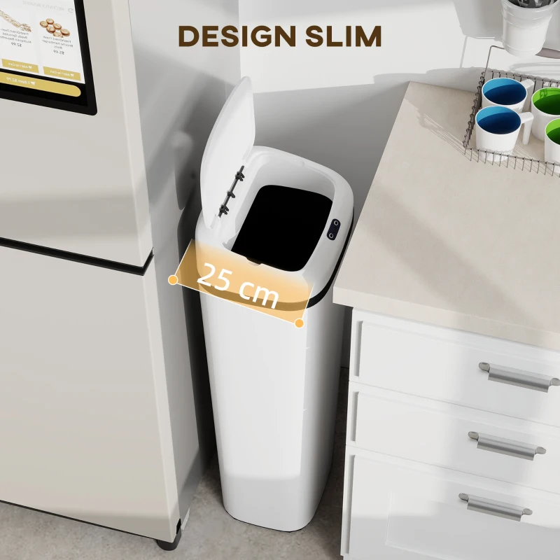 HOMCOM Balde de Lixo Automático 50L Estreito em Aço Inoxidável com Sensor Infravermelhos Modo Manual 33x25x84 cm Branco