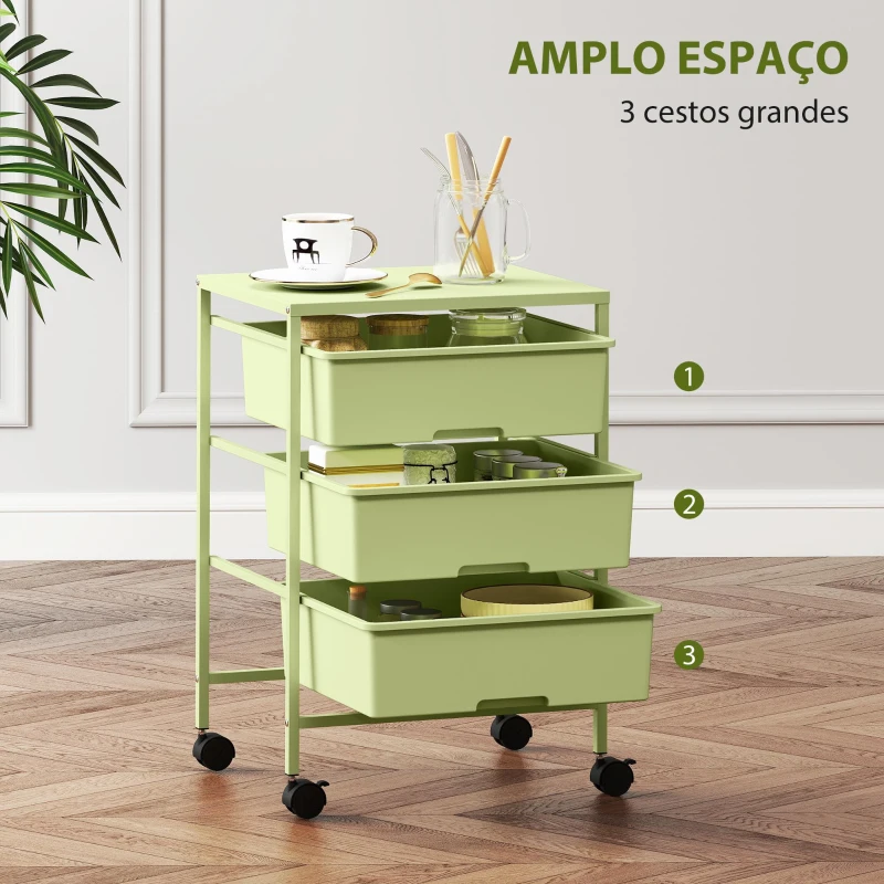 HOMCOM Carrinho Auxiliar com Rodas Carrinho de Cozinha de 3 Níveis com 3 Cestos e Estrutura de Aço 40,8x33,5x60,5 cm Verde