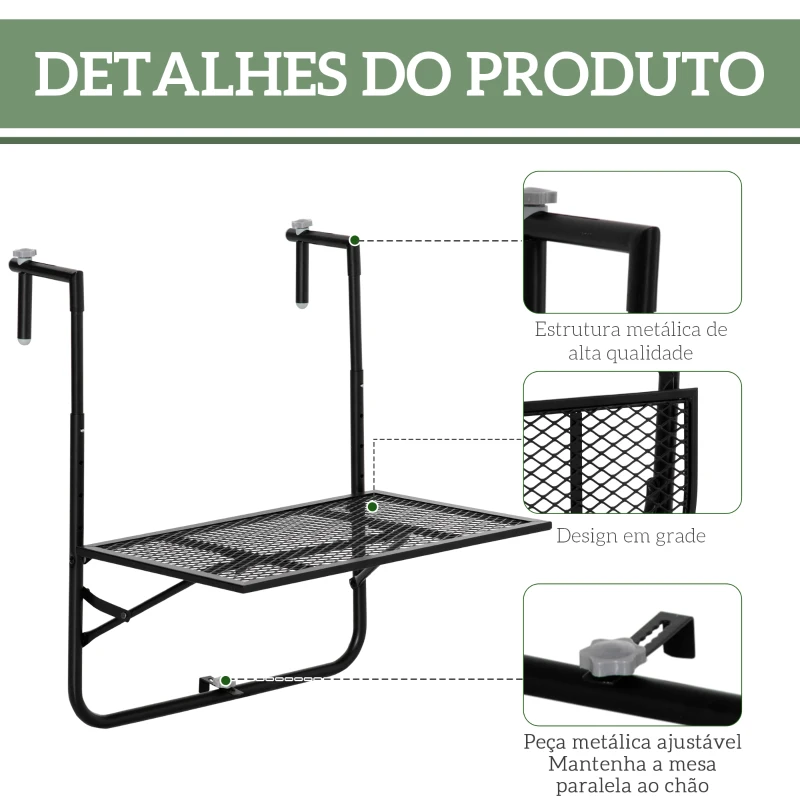Outsunny Mesa Suspensa para Varanda Dobrável de Metal com Altura Ajustável em 4 Níveis Carga 10 kg 60x60x57-72 cm Preto