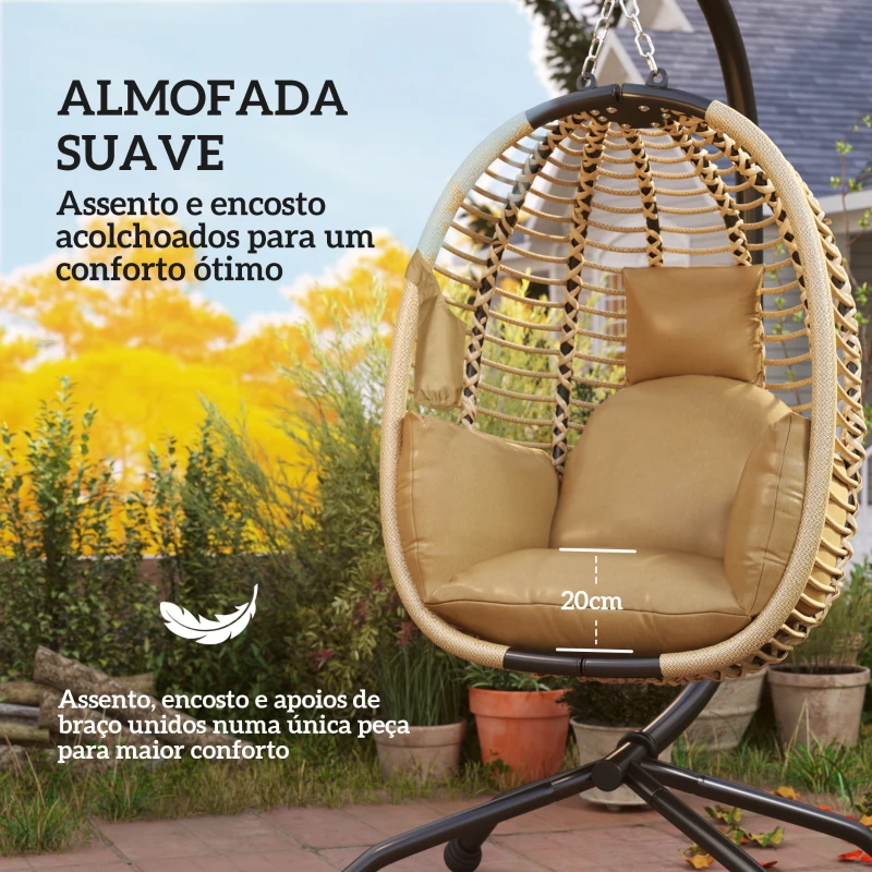 Outsunny Cadeira Suspensa com Suporte Cesto Dobrável Almofada e Apoio de Cabeça para Interior e Exterior Capacidade 120 kg Bege