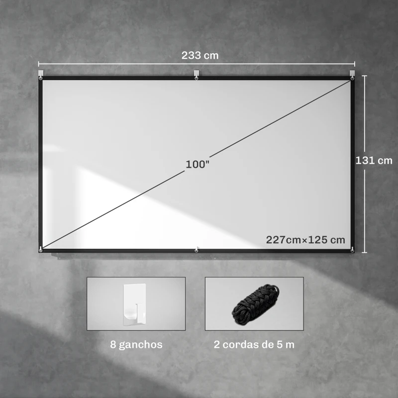 HOMCOM Tela de Projeção Manual 100 Polegadas Formato 16:9 HD 4K/8K para Interior e Exterior Branco