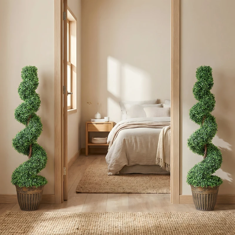 HOMCOM Set of 2 Artificial Plants, Topiary Spiral Boxwood Trees with Pot, for Home Indoor Outdoor Decor, 120cm