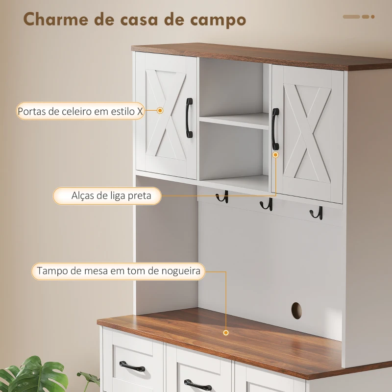 HOMCOM Amário de Cozinha Alto com Suporte para 8 Garrafas 4 Portas 3 Gavetas Prateleiras Abertas100x38x172 cm Branco