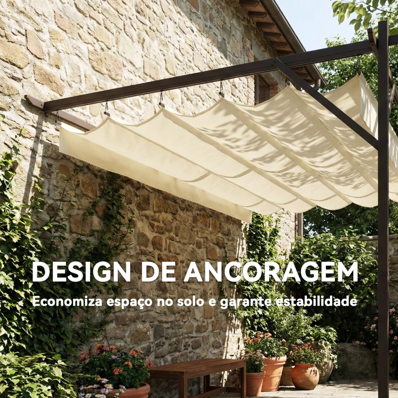 Outsunny Pérgola de Parede de Jardim 4x3 m com Telhado Retrátil Proteção UPF30+ Drenagem Pérgola para Exterior Creme