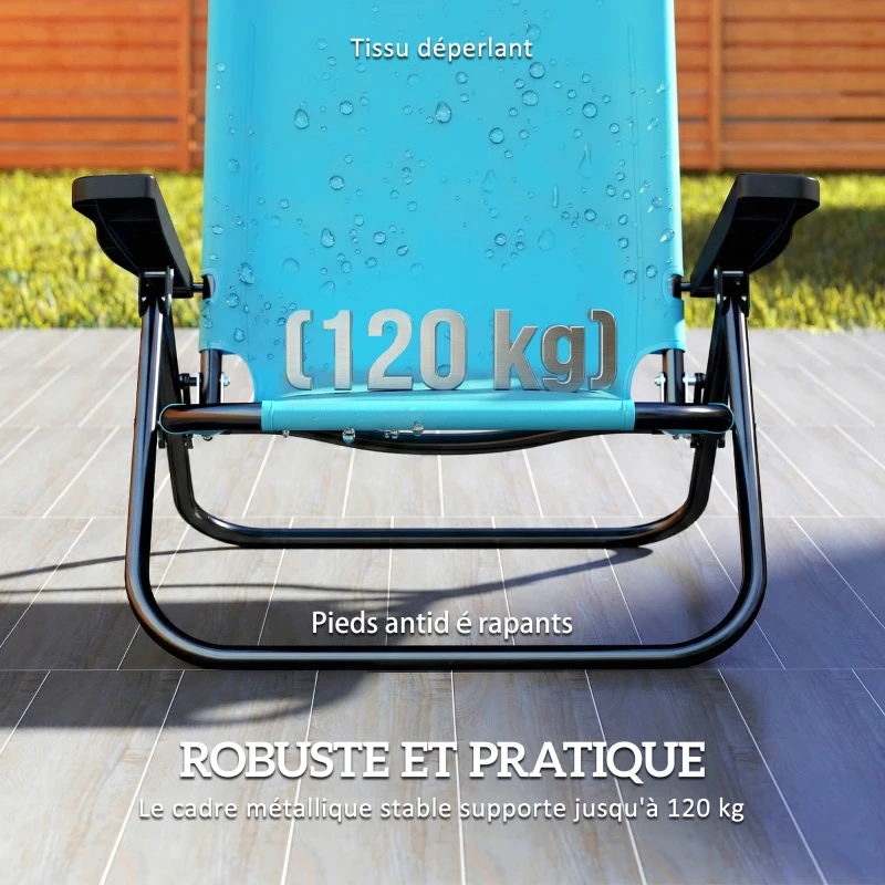 Outsunny Lot de 2 Chaises de Plage Pliable à 5 Positions avec Dossier, Appui-tête et Accoudoirs, 63x75x80cm, Bleu Clair