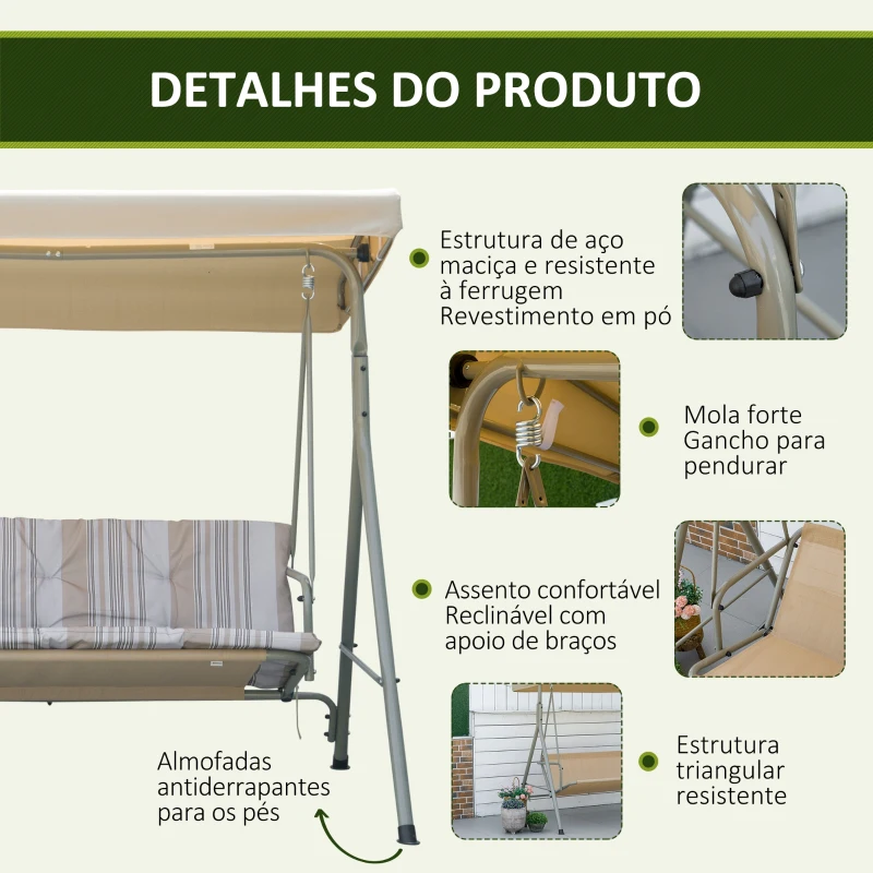 Outsunny Baloiço de Jardim Exterior de 3 Lugares com Toldo Ajustável e Estrutura em Aço 172x110x156 cm Castanho Claro
