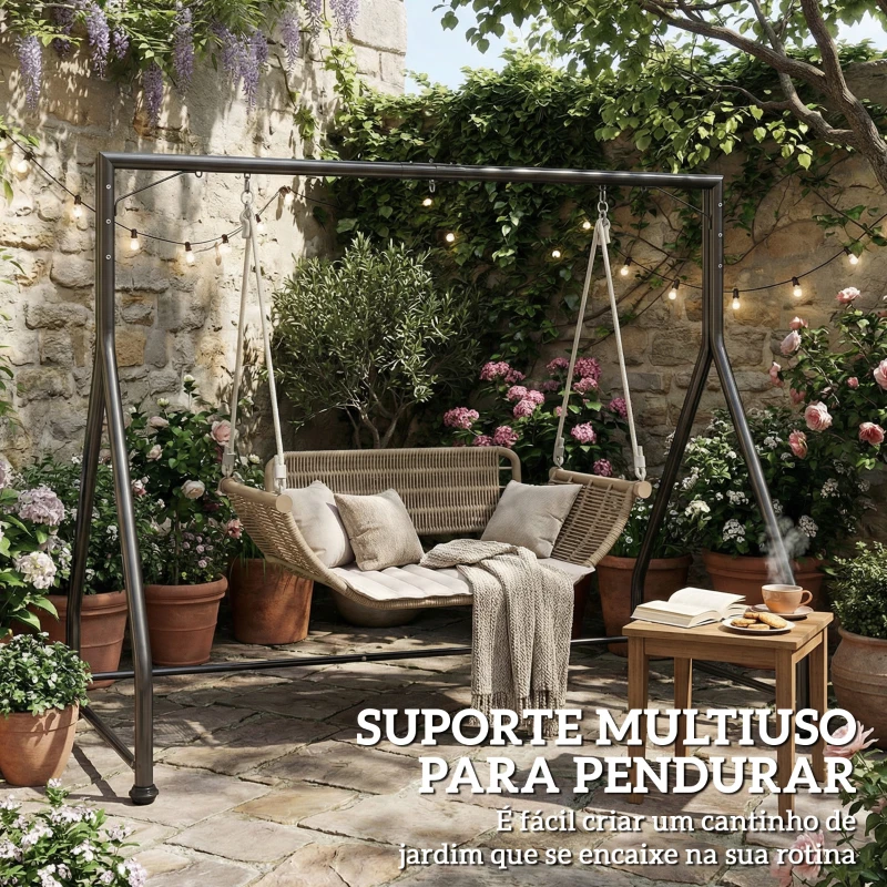 Outsunny Estrutura de Balanço em Aço para 2 ou 3 Assentos Capacidade de 360 kg 210x117x175 cm Preto