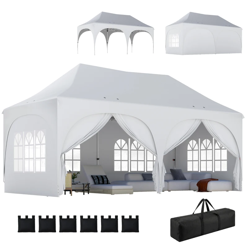 Outsunny Tenda Dobrável 6x3 m Pop-up com 4 Painéis Removíveis Altura Ajustável e Bolsa de Transporte Branco