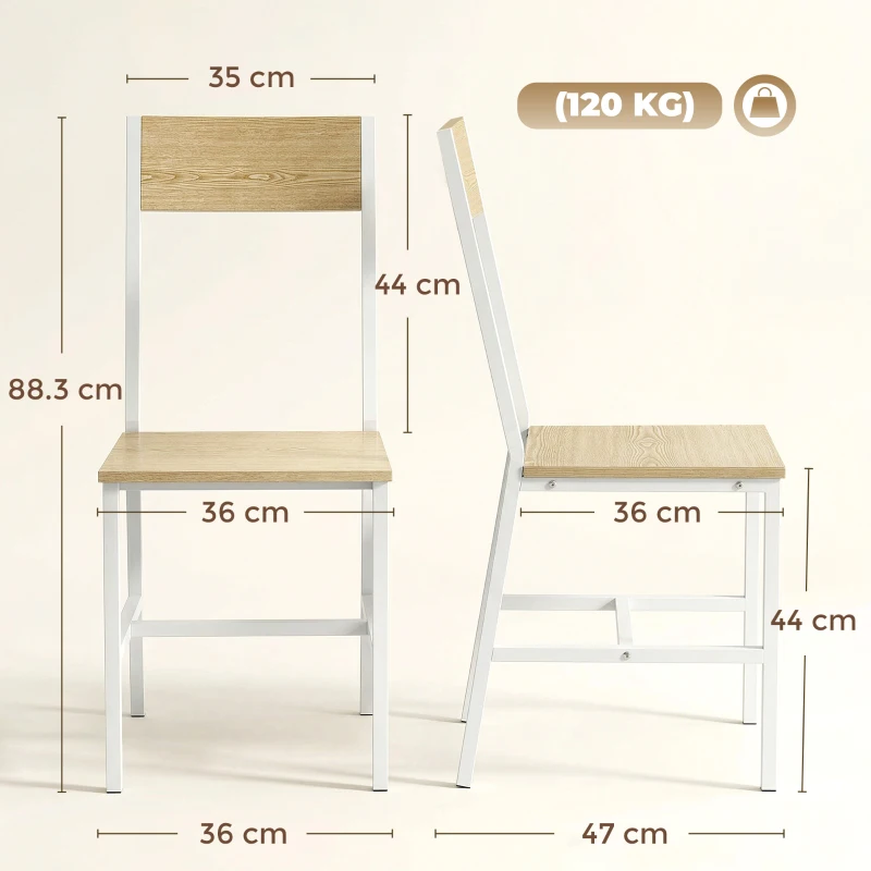 HOMCOM Set di 2 Sedie da Pranzo con Schienale Inclinato e Struttura Metallica, 36x47x88.3 cm, Legno naturale