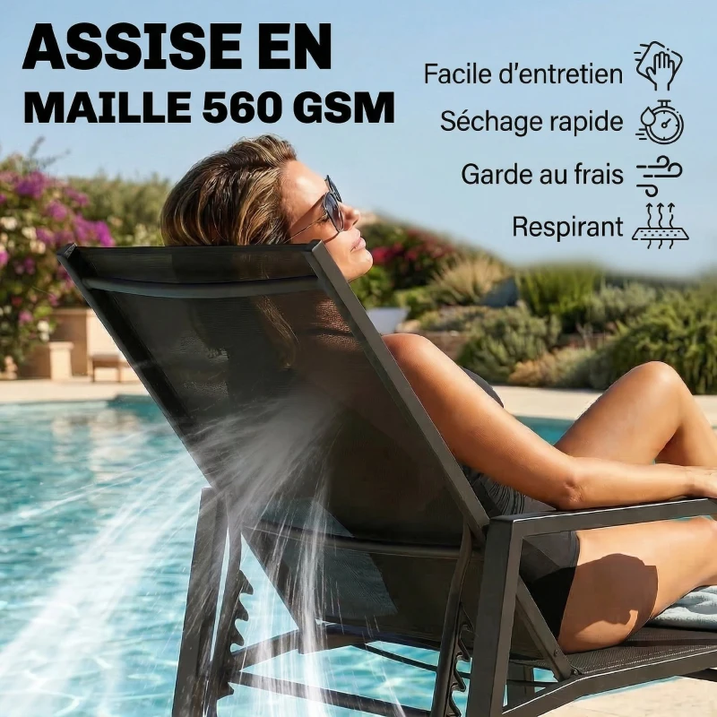 Outsunny Chaise Longue Jardin Réglable à 5 Positions avec Repose-Pieds Rétractable et Accoudoirs, Acier, 63x185x55cm, Noir