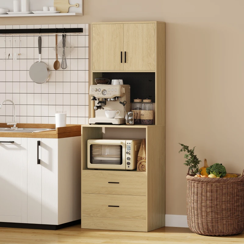 HOMCOM Meuble micro-ondes, buffet, 2 tiroirs, 2 portes, plan de travail, étagère réglable, panneau perforé, 4 crochets, naturel