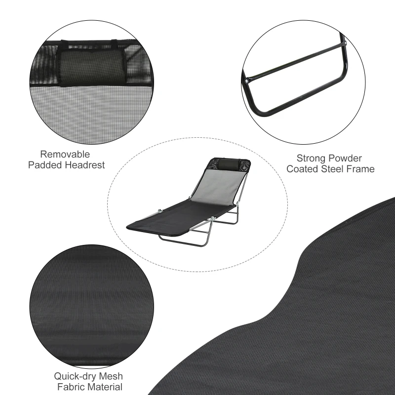 Outsunny Folding Sun Lounger for Garden, Texteline Reclining Sun Bed with 5 Position Adjustable Backrest, Headrest, Portable Garden Lounger Recliner Chair for Beach, Patio, Camp, Black