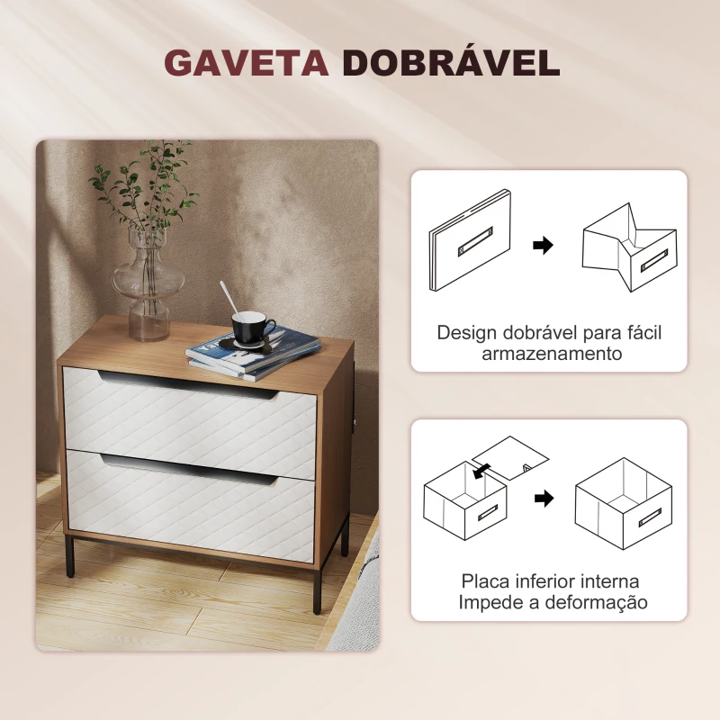 HOMCOM Cómoda com 2 Gavetas de Tecido Frentes com Padrão de Diamante Móvel de Arrumação 59,5x30x54 cm Madeira e Branco