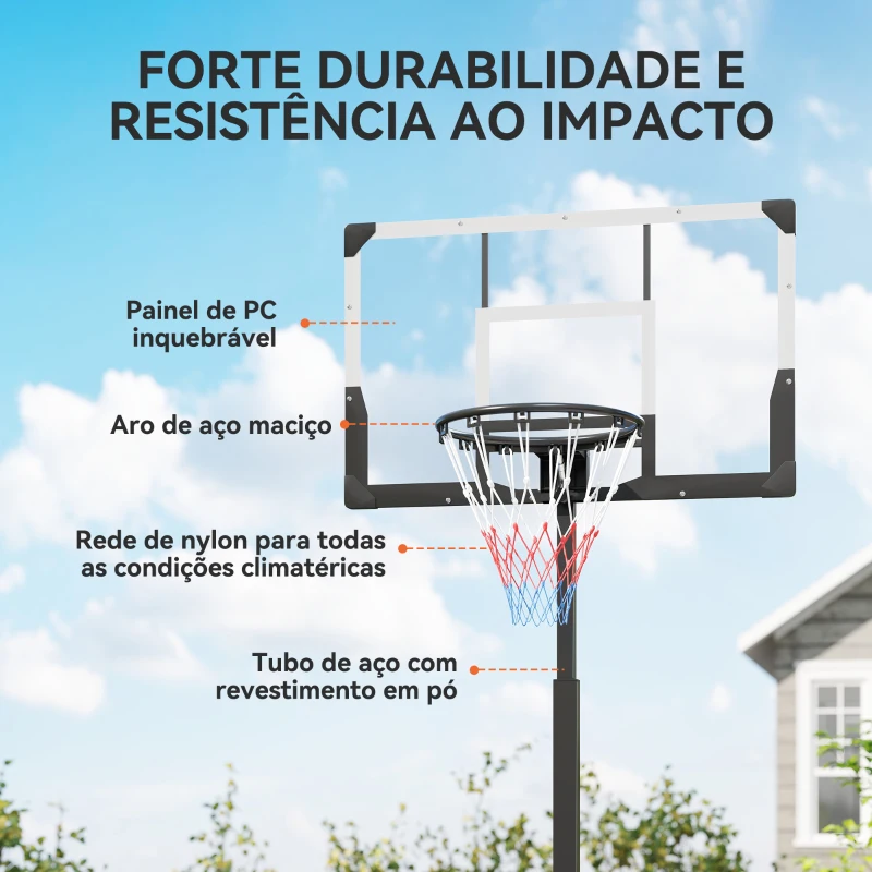 SPORTNOW Tabela de Basquetebol para Exterior com Altura Ajustável Portátil Estrutura Dobrável Painel Inquebrável Rodas e Base Preenchível 120x70x300-375 cm Preto