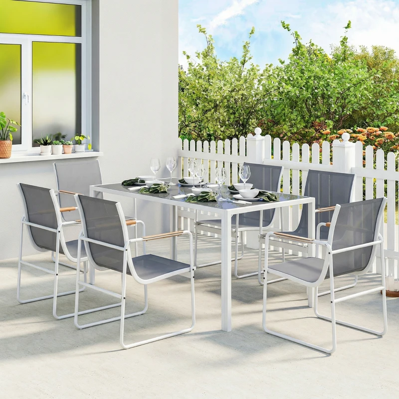 Outsunny Conjunto de Mesa e Cadeiras de Jardim de 7 Peças com Mesa de Vidro Temperado 6 Cadeiras e Estrutura em Aço Branco e Cinza