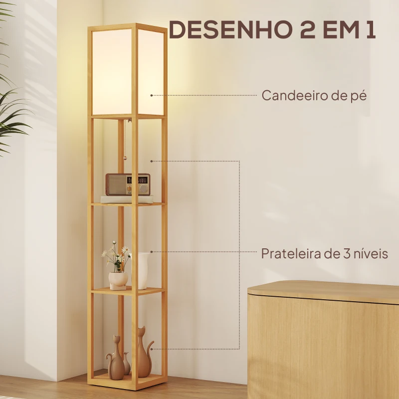 HOMCOM Candeeiro de Pé de Madeira com 3 Prateleiras para Lâmpada E27 Potência Máx. 40W 26x26x160 cm Madeira e Branco