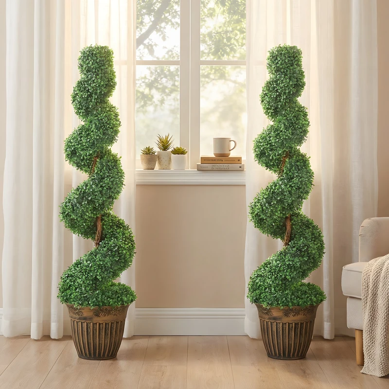 HOMCOM Set of 2 Artificial Plants, Topiary Spiral Boxwood Trees with Pot, for Home Indoor Outdoor Decor, 120cm