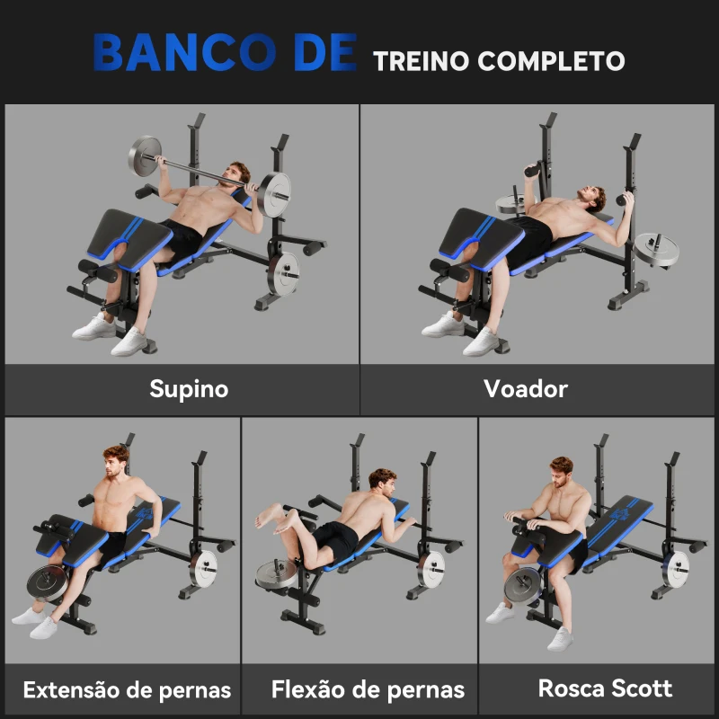 HOMCOM Banco de Musculação com Encosto Ajustável e Suporte para Barras Regulável para Treino em Casa Ginásio 175x139x127 cm Preto e Azul