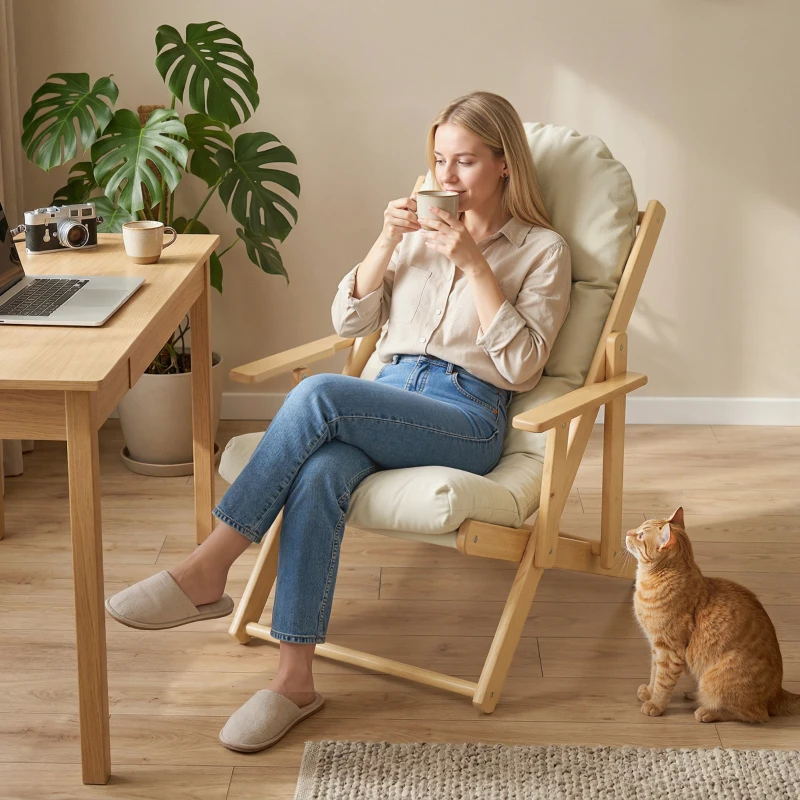 HOMCOM Poltrona Pieghevole e Reclinabile in Legno, Poltrona Relax Confortevole con Cuscino Imbottito Spesso, Bianco Crema