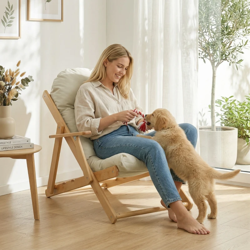 HOMCOM Fotoliu pliant și înclinat din lemn, fotoliu relaxant confortabil cu pernă capitonată groasă