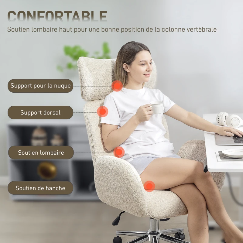 HOMCOM Chaise bureau ergonomique, fauteuil de bureau pivotant, hauteur réglable, appui-tête réglable, fonction bascule, gris