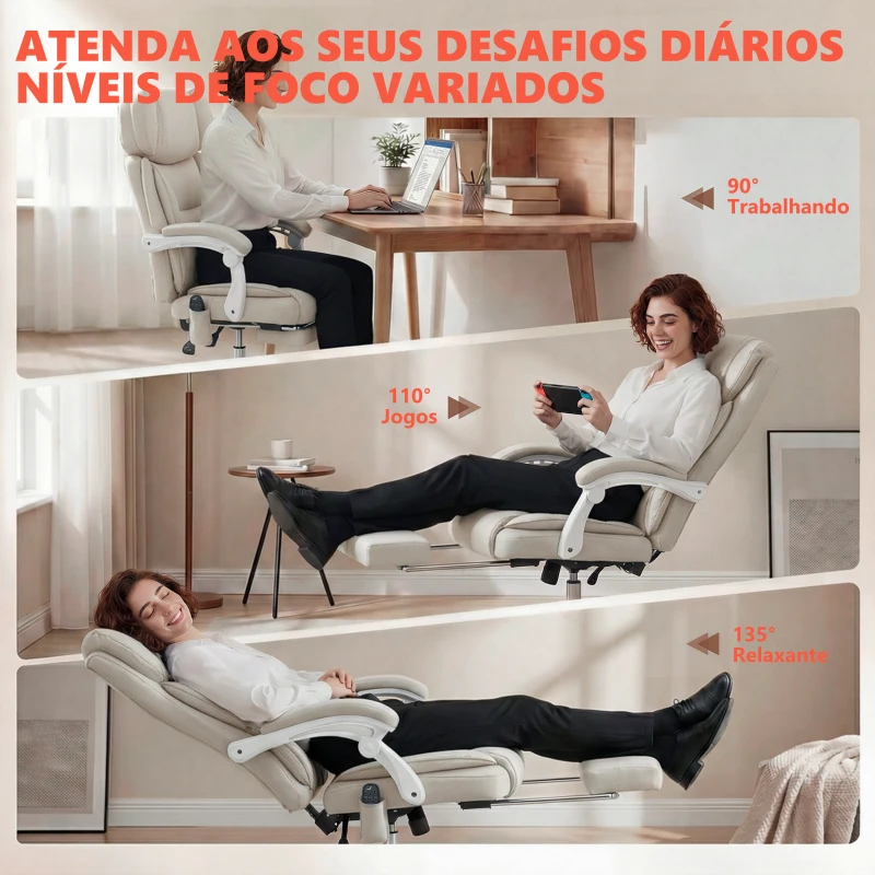HOMCOM Cadeira de Escritório Reclinável com Massagem Vibratória de 6 Pontos Aquecimento Lombar Apoio de Cabeça Ajustável Apoio para os Pés Creme