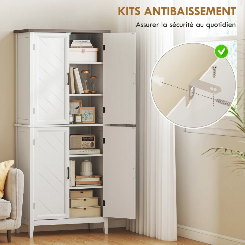 HOMCOM Buffet haut cuisine 6 niveaux, armoire de cuisine, 4 portes à chevrons et 4 étagères réglables, 76x40x178,5cm, blanc