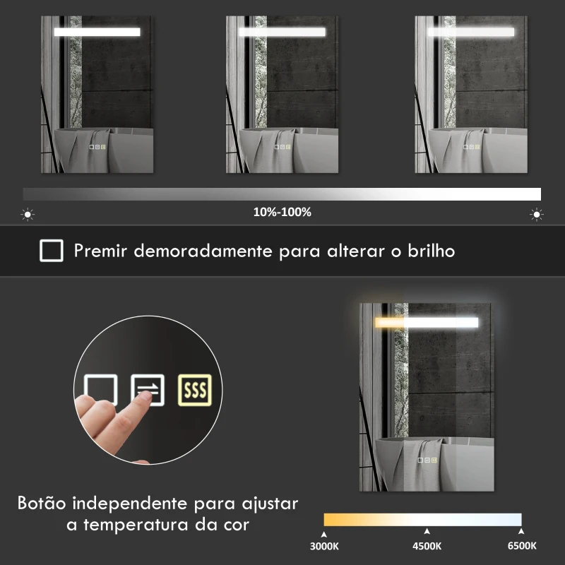 HOMCOM Espelho de Casa de Banho com Luz LED 70x50 cm 3 Cores de Luz Função Antiembaciamento Função de Memória IP44 Prata