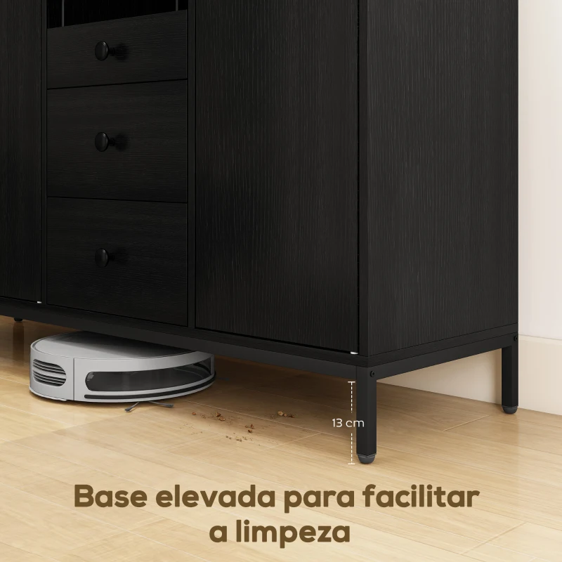 HOMCOM Aparador com 3 Portas e 3 Gavetas Prateleiras Ajustáveis para Cozinha, Entrada Sala de Jantar Quarto 143,5x40x90 cm Preto